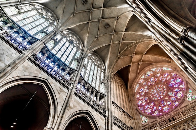 Worm's eye view shot of the ceiling of St. Vitus Cathedral in Prague, Czech Republic