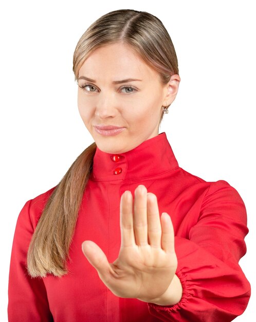 Worried young woman on a white background