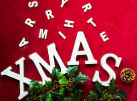 Free photo xmas title near snag, letters and green branch