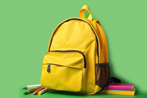 Free photo yellow backpack school bag on green background ai generative