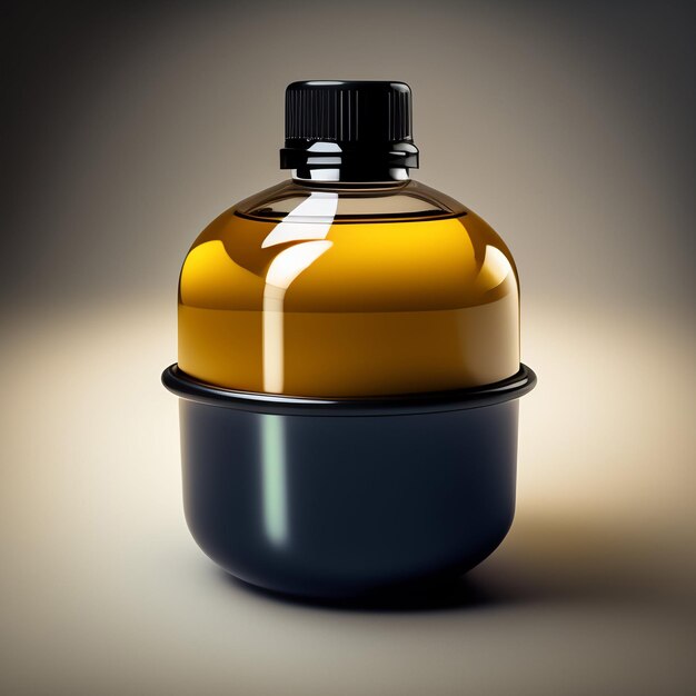 A yellow bottle with a black cap sits in a black container.