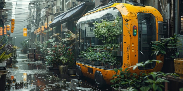 Free photo a yellow bus is driving down a wet street surrounded by plants and vegetation