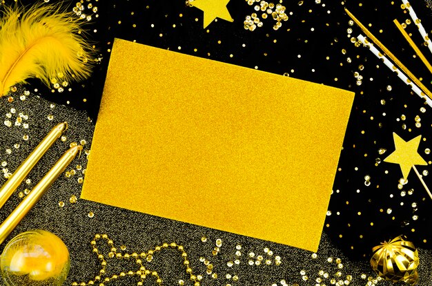 Yellow copy space mock-up card with sparkles and glitter