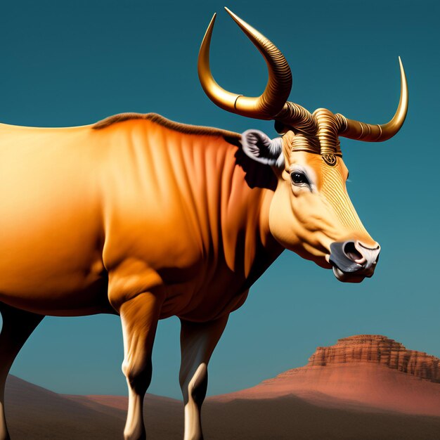 A yellow cow with horns stands in a desert landscape.