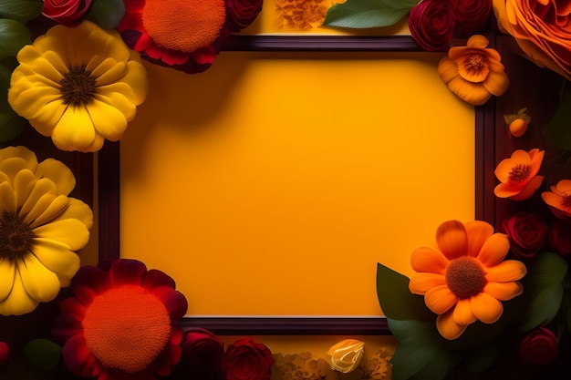 Free Photo a yellow frame with flowers on it