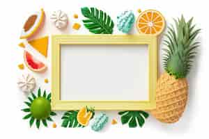 Free photo a yellow frame with a tropical fruit and a place for text