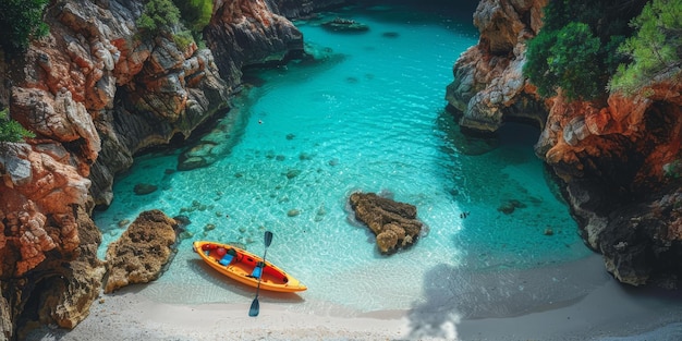 Free photo a yellow kayak resting on a sandy beach with water nearby