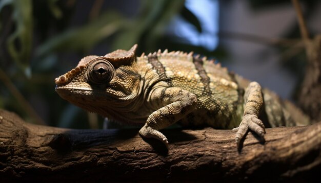 Yellow lizard on branch in tropical forest generated by AI