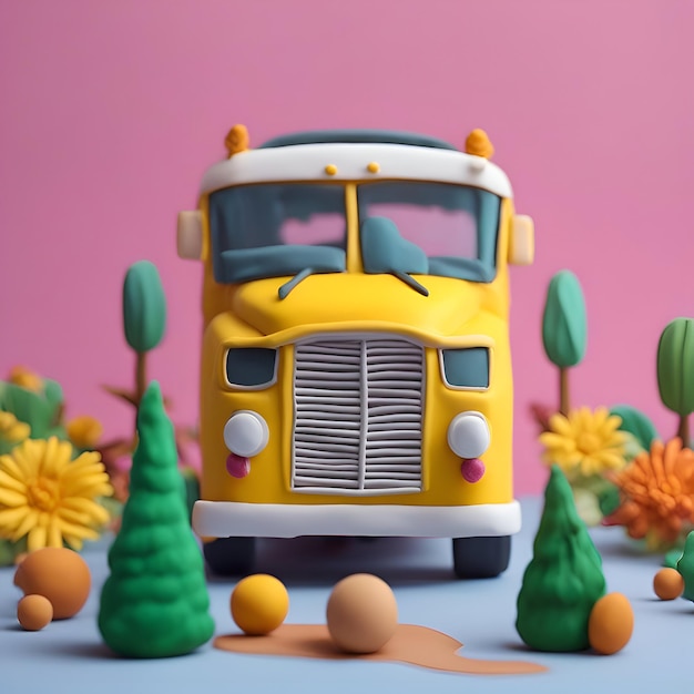 Free photo yellow school bus with flowers on a pink background back to school concept