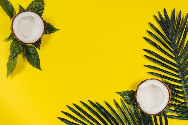 Free photo yellow surface with coconuts and palm leaves