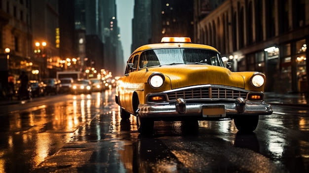 Free photo yellow taxi on streets of new york city at night