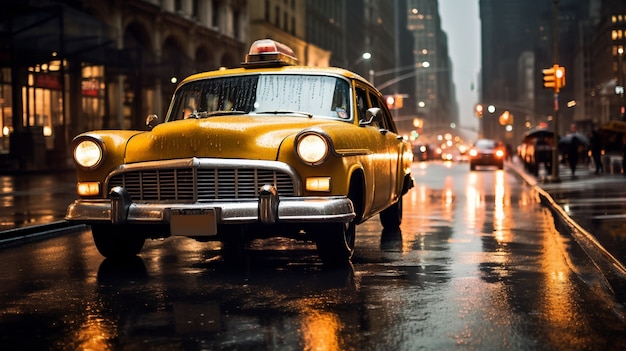 Yellow taxi on streets of new york city at night