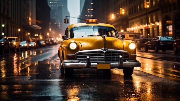 Free photo yellow taxi on streets of new york city at night