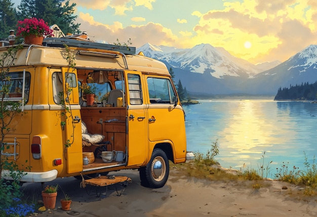 Free photo a yellow van with a mountain in the background