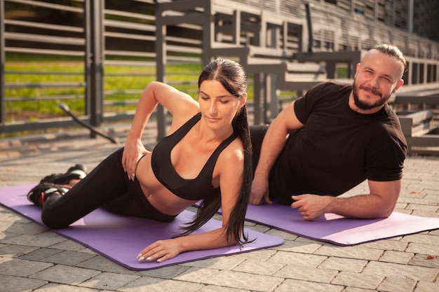 Yoga position to relax body with young friends 