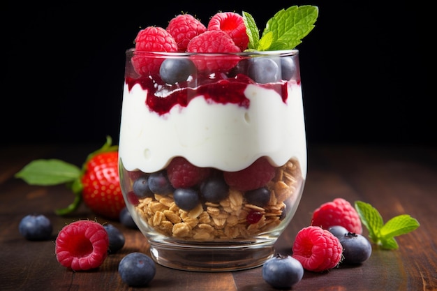 Yogurt parfait with fresh fruits on rustic wooden table