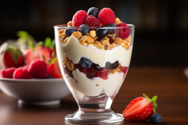 Yogurt parfait with fresh fruits on rustic wooden table