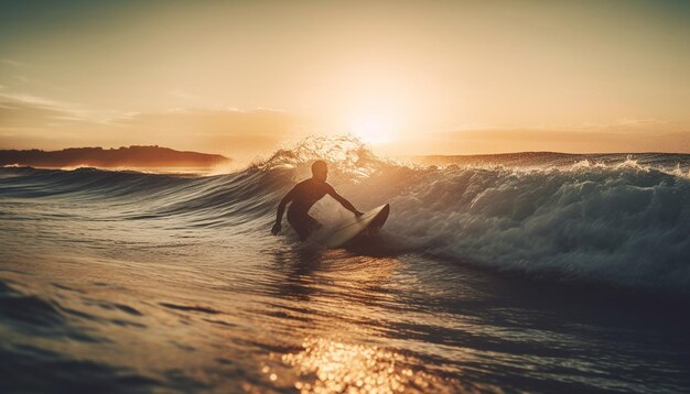 Young adult surfing waves at sunset silhouette generated by AI