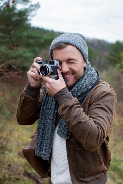 Young adult travelling in winter time