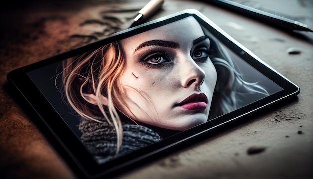 Free photo a young adult woman looking at digital tablet generative ai