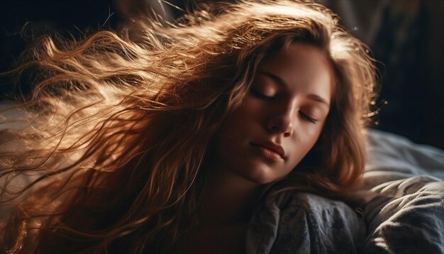 Young adult woman with brown curly hair relaxing generative AI