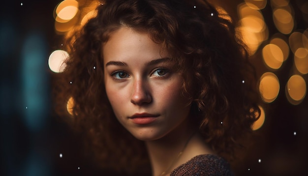 Free Photo young adult woman with curly brown hair smiling generated by ai