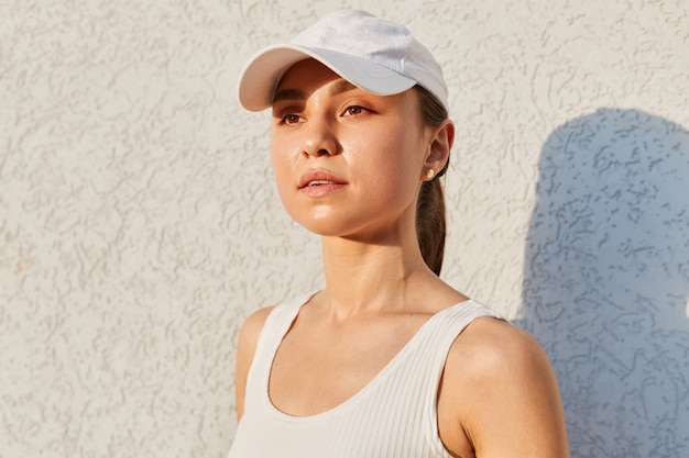 Free Photo young adult woman with pensive facial expression, wearing white top and visor cap standing near light background outdoor, looking away with thoughtful look.