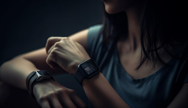 Young adult women watch sport on smartwatch generated by AI