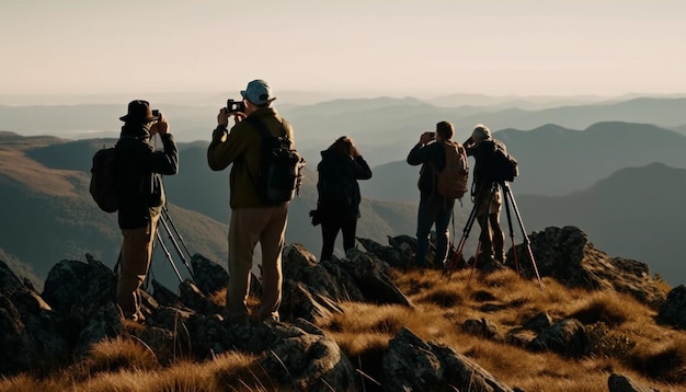 Young adults hiking mountain peak photographing nature generated by AI