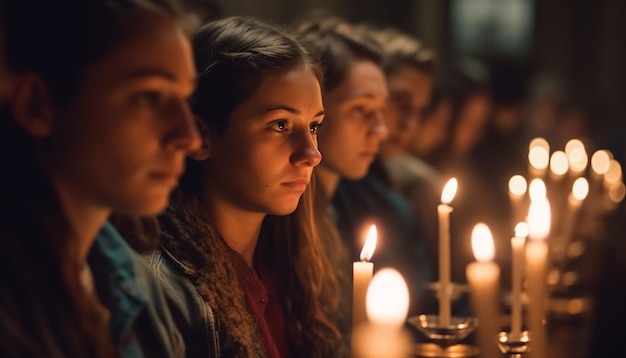 Free Photo young adults meditating holding candles finding peace generated by ai