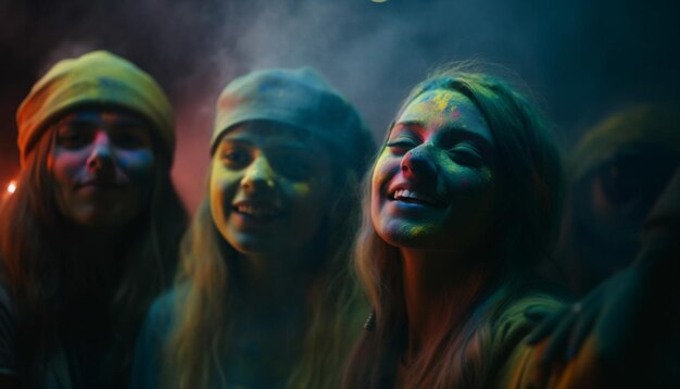 Free photo young adults smiling enjoying a colorful party night generated by ai