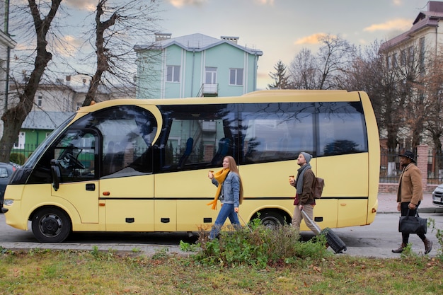 Young adults travelling in winter time