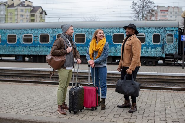 Young adults travelling in winter time