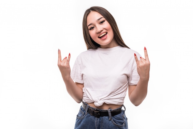 Young asian woman doing rock symbol with hands