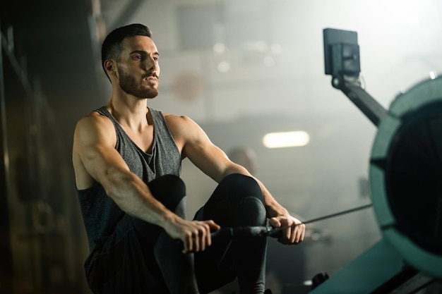 Free photo young athletic man using rowing machine while exercising in health club