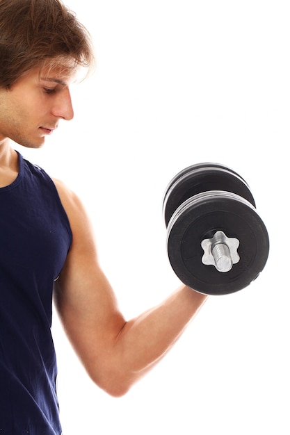 Young athletic man with sportswear holding dumbbells