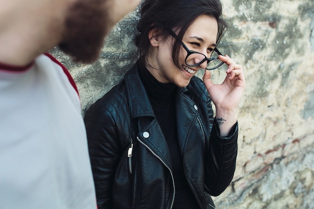 Young beautiful couple fooling around 