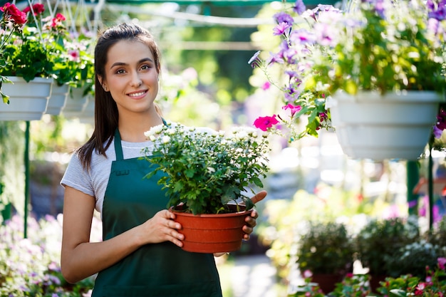 Young beautiful florist posing, smiling among flowers.