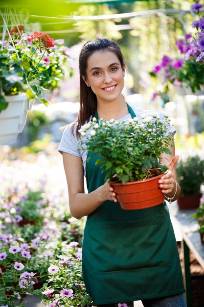 Young beautiful florist posing, smiling among flowers.