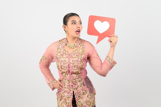 Young beautiful woman dress up in local culture in southern region with speech bubble