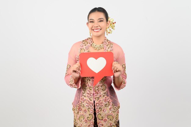 Young beautiful woman dress up in local culture in southern region with speech bubble