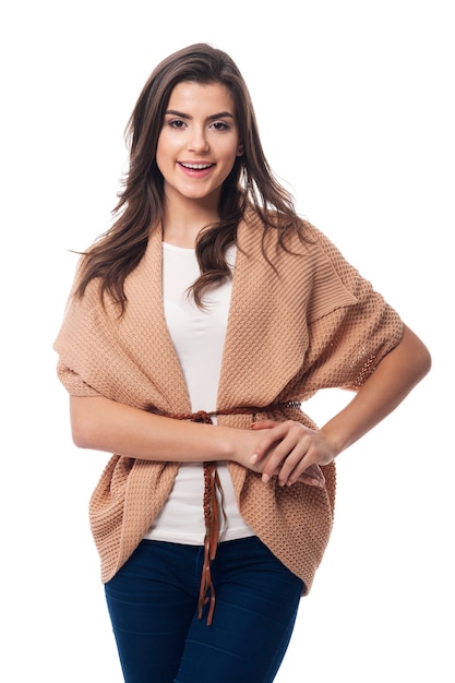 Young beautiful woman wearing fashionable cardigan