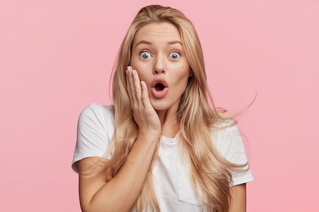 Young blonde woman with white T-shirt