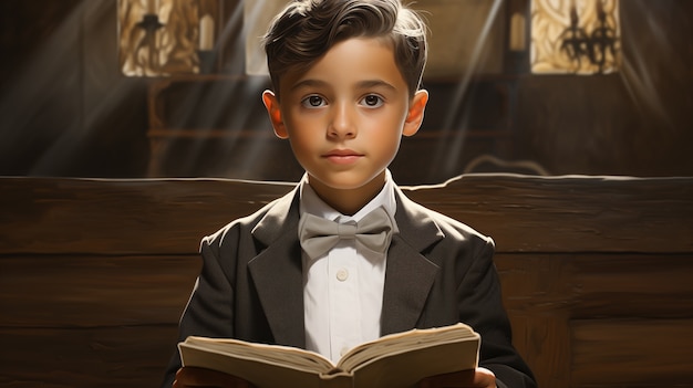 Young boy in church experiencing his first communion ceremony