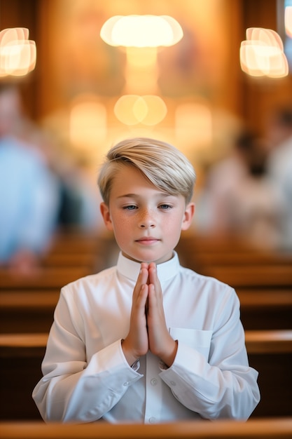 Young boy in church experiencing his first communion ceremony