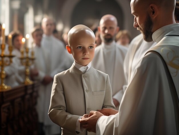 Young boy in church experiencing his first communion ceremony