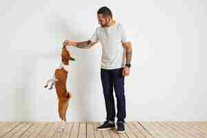 Free photo a young brown and white basenji dog is standing very tall on its rear paws as its bearded and tattooed owner motivates it by offering it a treat high up in the air.