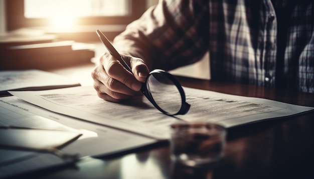 Free photo young businessman analyzing data holding magnifying glass generated by ai