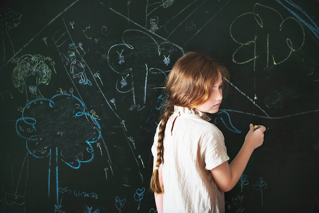 Free photo young caucasian girl drawing on chalk board