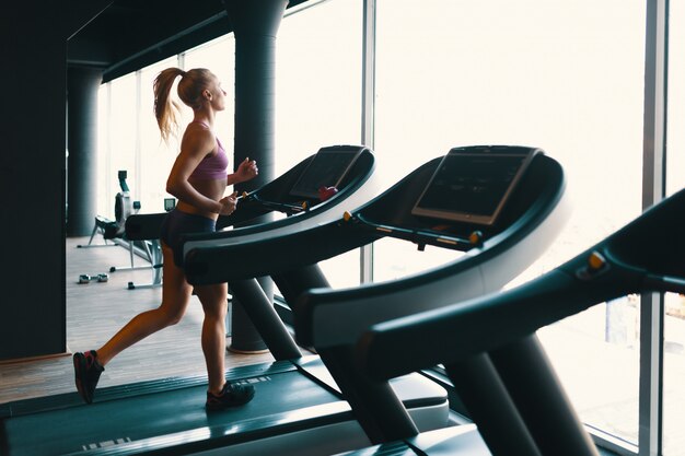 Young Caucasian woman doing exercise with dumbbells while training arms at the gym